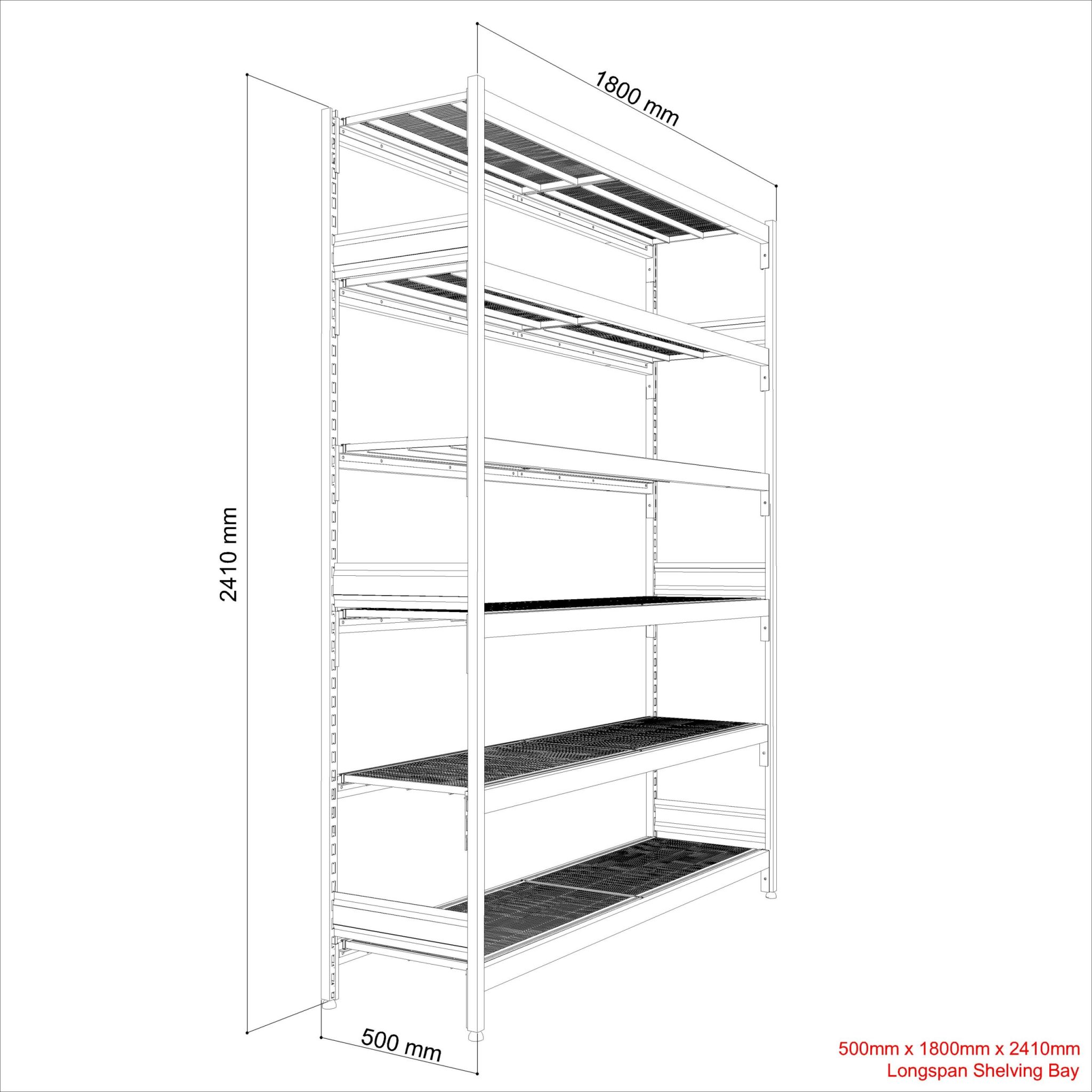 Longspan Shelving Bay- 1800mm x 500mm D x 2410mm H