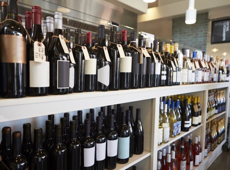 Bottle of wines on wine rack liquor store